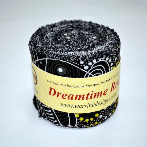 The Dreamtime Rolls of 20 black Australian Aboriginal Fabric strips (2.5" wide) are composed of 10 different prints, two strips of each. 