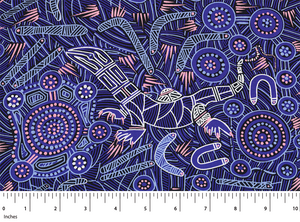 Man& Goanna 2 Rayon in purple  is an attractive design of goannas in purple and white with coral accents and different shades of purples on a black background. 