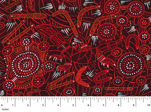 Man& Goanna 2 Rayon in red  is an attractive design of goannas in bright red, bordeaux and black,  with orange accents and different shades of reds on a black background. 