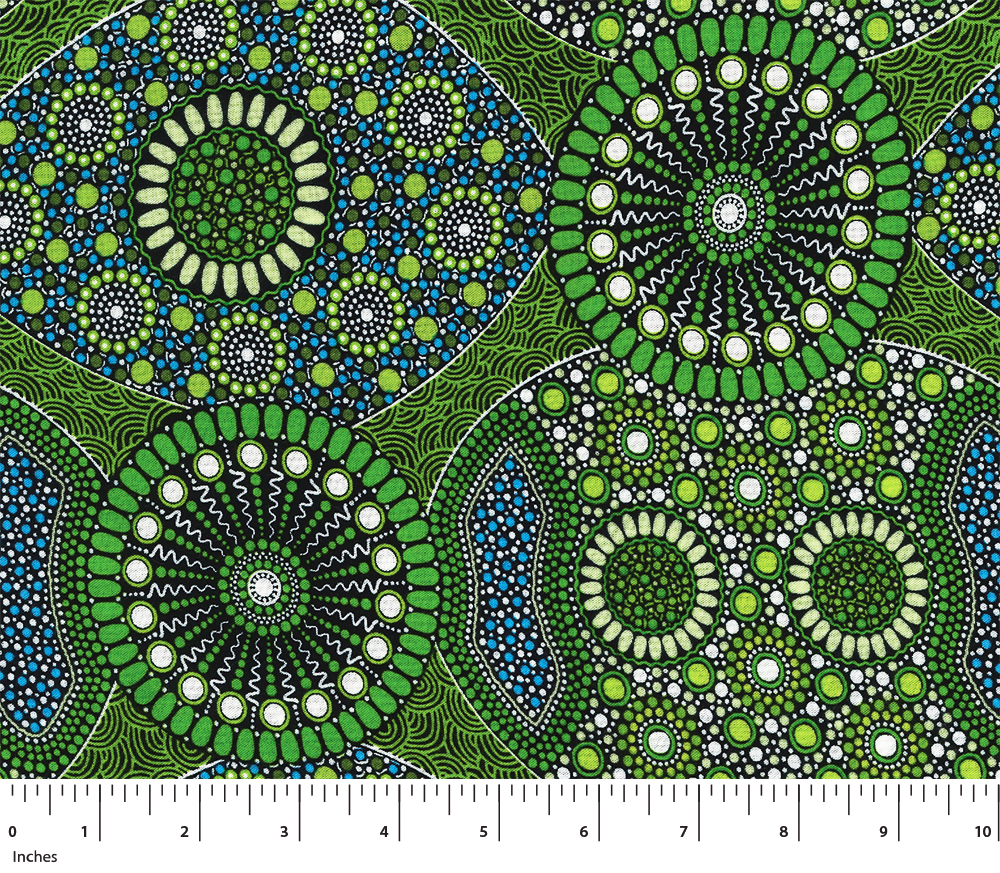 Wild Bush Banana & Tomato Rayon in green is a vivid design of circles in leaf green, light mint, white and blue on a black background.