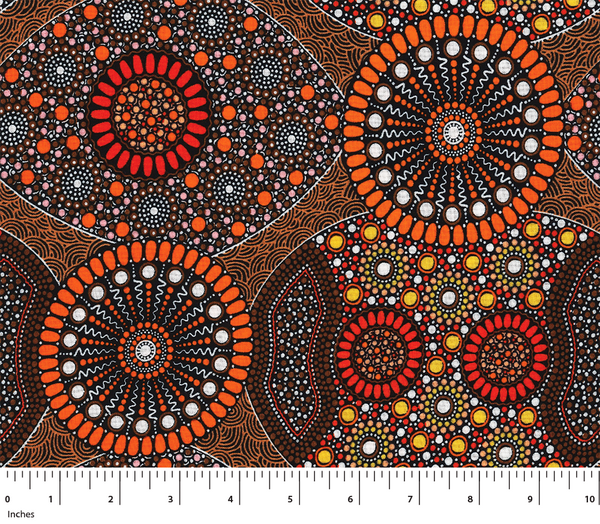 Wild Bush Banana & Tomato Rayon in orange  is a vivid design of circles in Orange, yellow, white and brown on a black background.
