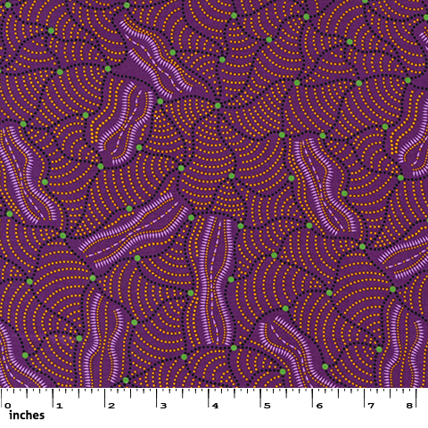 Wild Flowers Dreaming 2 purple Australian Aboriginal fabric by Tanya Price is a light purple and orange print on purple background, depicting abstract rows of flowers.