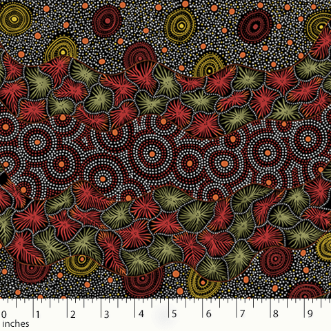 Wild Seed and Waterhole black Australian Aboriginal fabric by Tanya Price Nangala is a lovely design of seeds and wildflowers in burgundy, coral and sage on a black background.