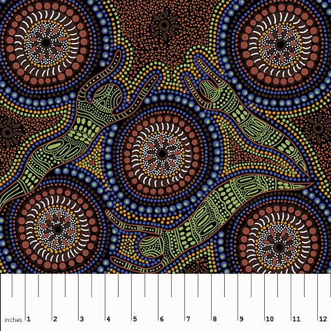 Winter Spirits brown Australian Aboriginal fabric by Fay Oliver depicts lovely spirits in sage green, surrounded by flowers in browns and blues, with lots of little dots in browns on a black background.