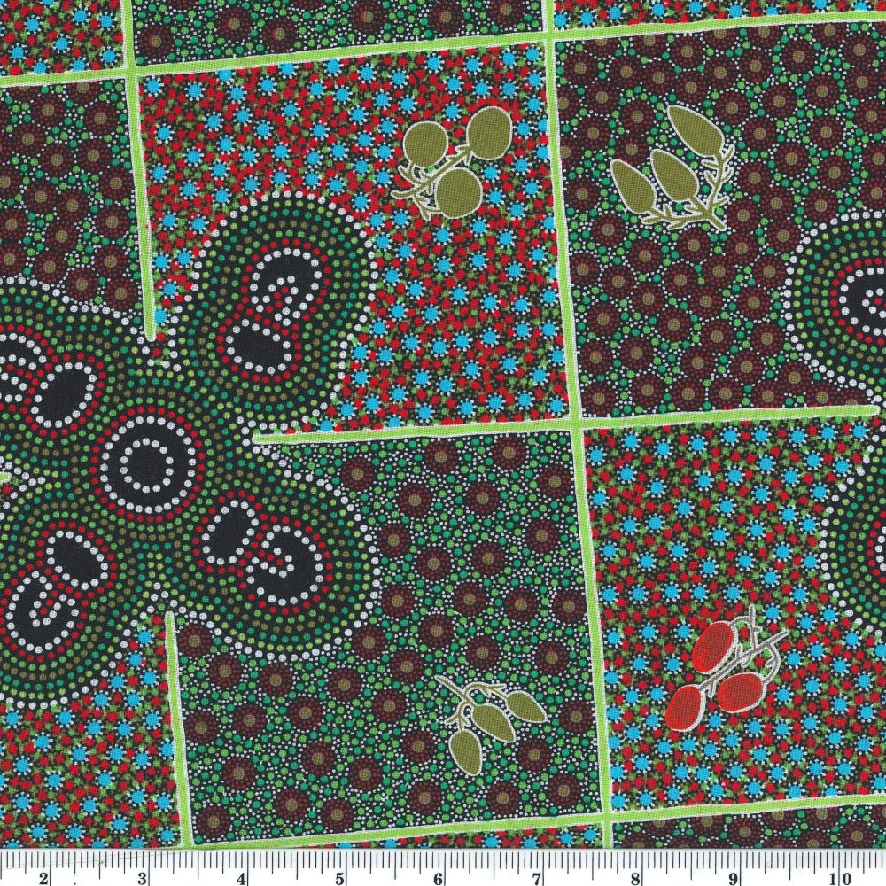 Women Gathering Bush Tucker red is a 100% soft cotton fabric designed by the indigenous Australian artist Margaret Wallace, a harmonious design of fields of flowers in reds and many vibrant hues.