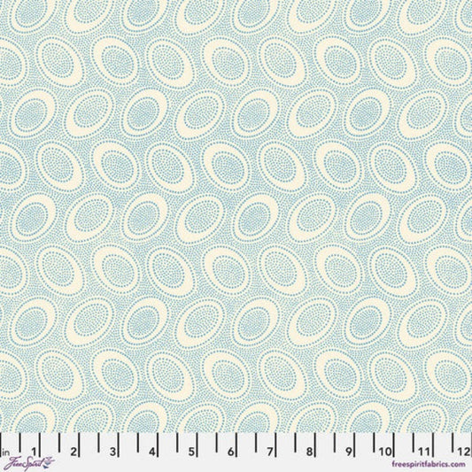 Tiny greyish blue dots arranged in ovals, on a cream colored background, reminiscent of Australian aboriginal art.