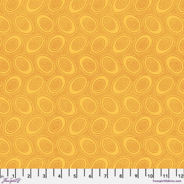 Tiny dusty orange dots arranged in ovals, on a rich egg yolk yellow background, reminiscent of Australian aboriginal art. 