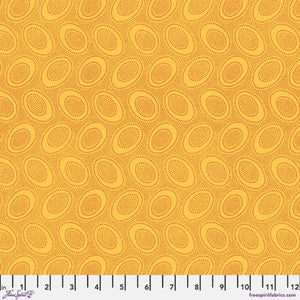 Tiny dusty orange dots arranged in ovals, on a rich egg yolk yellow background, reminiscent of Australian aboriginal art. 