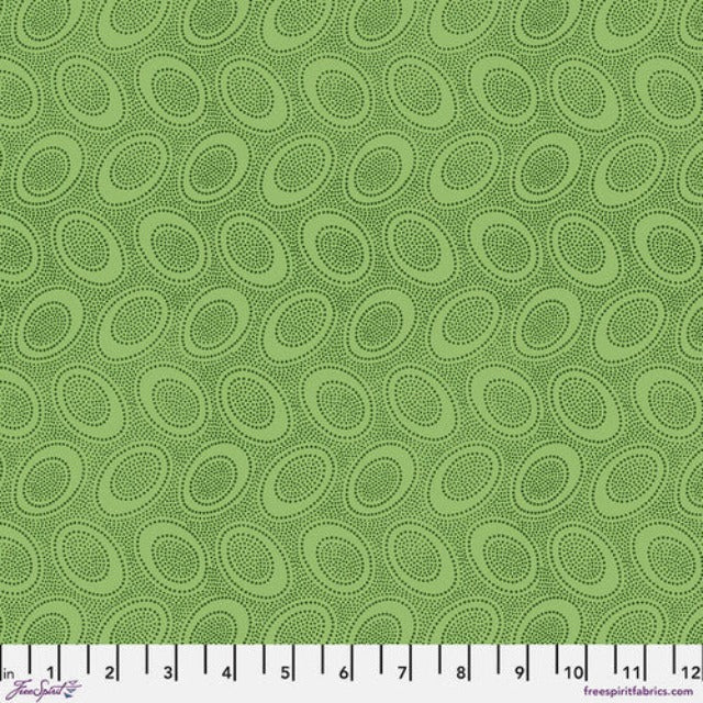 Tiny summer green dots arranged in ovals, on soft spring green background, reminiscent of Australian aboriginal art. 
