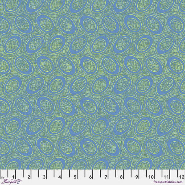 Tiny light green dots arranged in ovals, on a medium blue background, reminiscent of Australian aboriginal art. 