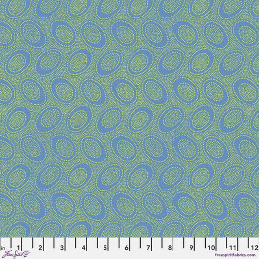 Tiny light green dots arranged in ovals, on a medium blue background, reminiscent of Australian aboriginal art. 