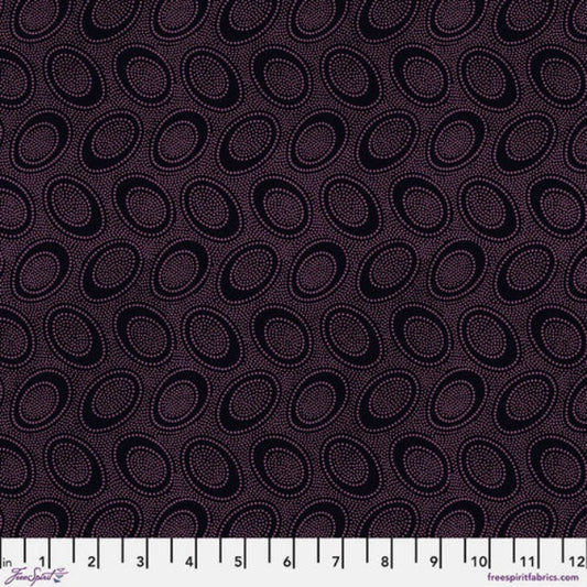 Tiny pinkish purple dots arranged in ovals, on a black background, reminiscent of Australian aboriginal art. 
