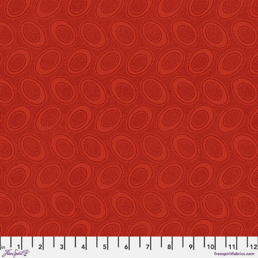 Tiny dark red dots arranged in ovals, on a tomato red background, reminiscent of Australian aboriginal art.