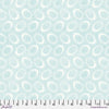 Tiny turquoise dots arranged in ovals, on a white background, reminiscent of Australian aboriginal art. 