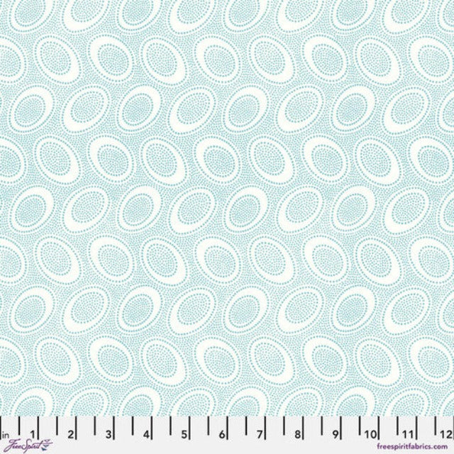 Tiny turquoise dots arranged in ovals, on a white background, reminiscent of Australian aboriginal art. 