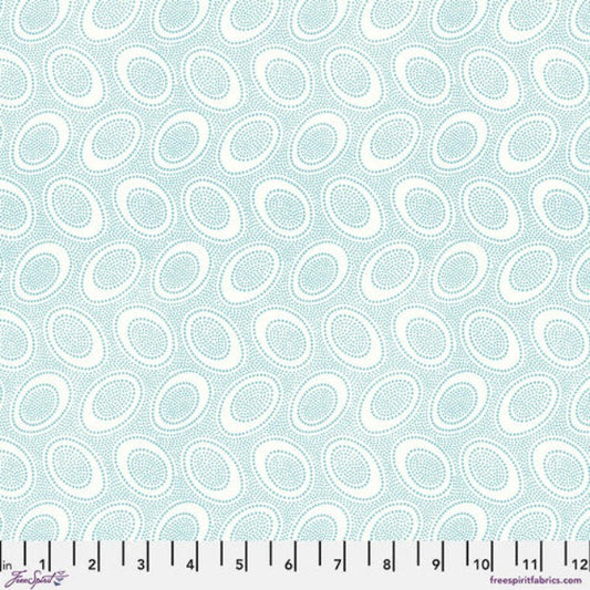 Tiny turquoise dots arranged in ovals, on a white background, reminiscent of Australian aboriginal art. 