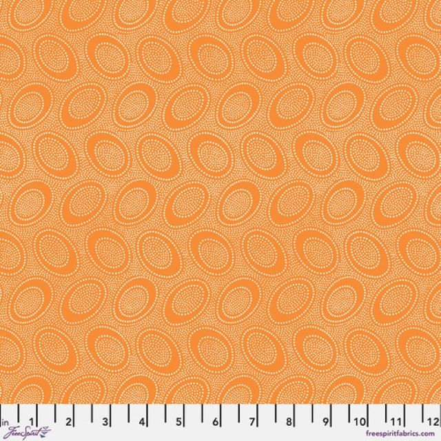 Tiny white dots arranged in ovals, on a cantaloupe-colored background, reminiscent of Australian aboriginal art.