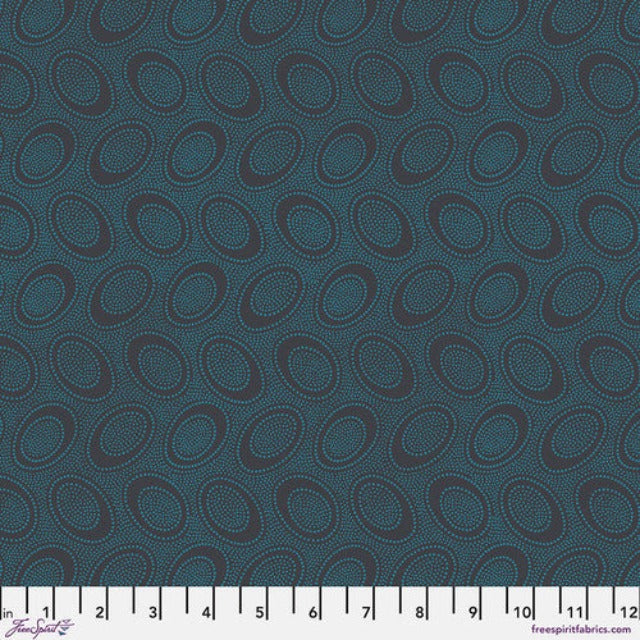Tiny tealish blue dots arranged in ovals, on a charcoal background, reminiscent of Australian aboriginal art.