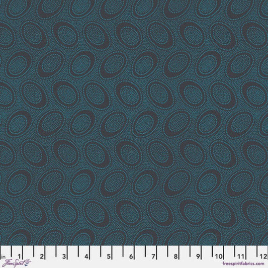 Tiny tealish blue dots arranged in ovals, on a charcoal background, reminiscent of Australian aboriginal art.