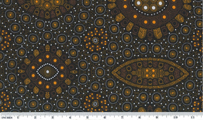  This authentic Aboriginal design captures the beauty of seed growth over multiple seasons, depicted in rich gold and orange tones on a black background. 
