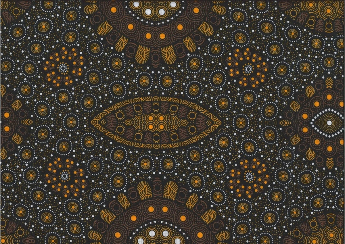  This authentic Aboriginal design captures the beauty of seed growth over multiple seasons, depicted in rich gold and orange tones on a black background. 