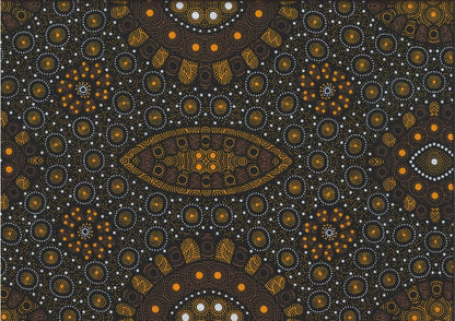  This authentic Aboriginal design captures the beauty of seed growth over multiple seasons, depicted in rich gold and orange tones on a black background. 