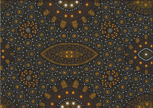  This authentic Aboriginal design captures the beauty of seed growth over multiple seasons, depicted in rich gold and orange tones on a black background. 