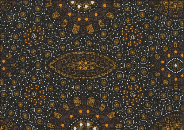  This authentic Aboriginal design captures the beauty of seed growth over multiple seasons, depicted in rich gold and orange tones on a black background. 