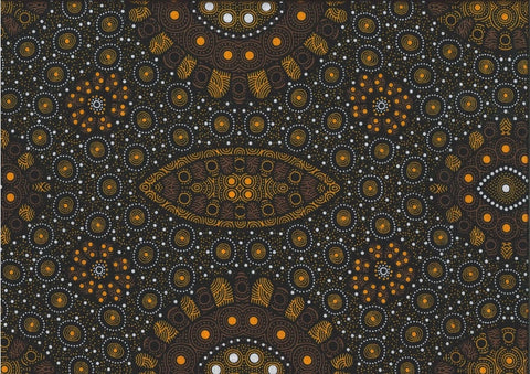  This authentic Aboriginal design captures the beauty of seed growth over multiple seasons, depicted in rich gold and orange tones on a black background. 