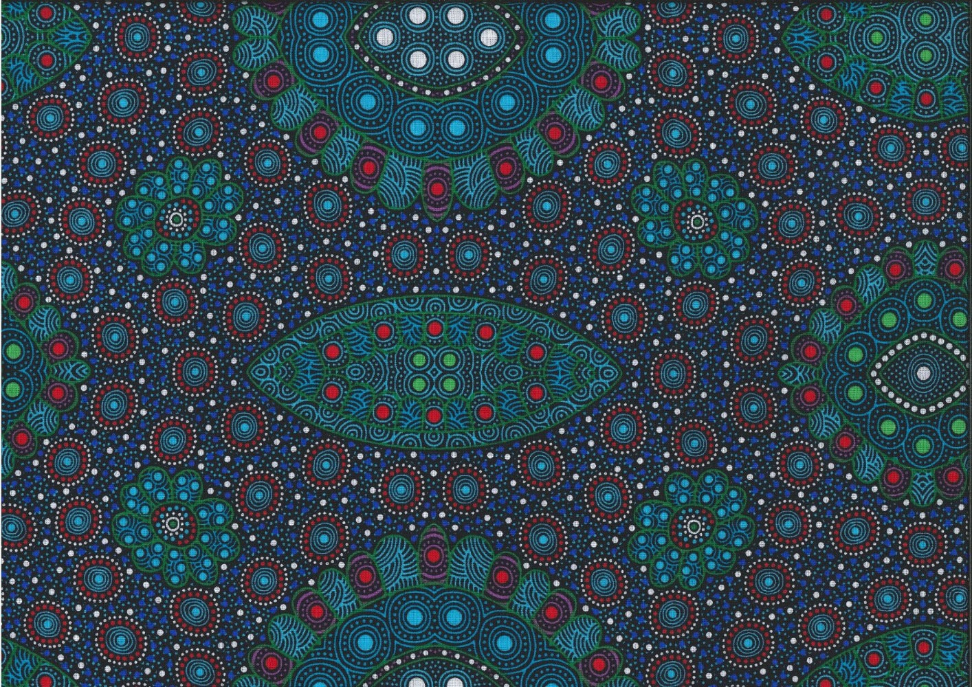  This authentic Aboriginal pattern is a stunning depiction of seed growth over multiple seasons, featuring vibrant blues and greens alongside bold red and purple highlights against a striking black backdrop. 