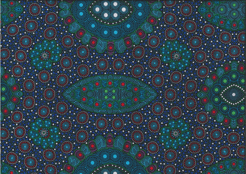  This authentic Aboriginal pattern is a stunning depiction of seed growth over multiple seasons, featuring vibrant blues and greens alongside bold red and purple highlights against a striking black backdrop. 