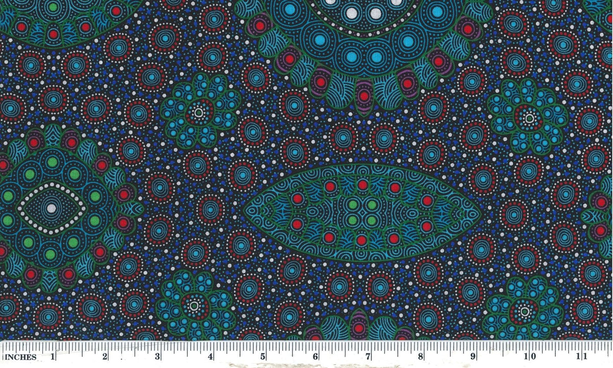  This authentic Aboriginal pattern is a stunning depiction of seed growth over multiple seasons, featuring vibrant blues and greens alongside bold red and purple highlights against a striking black backdrop. 