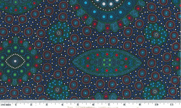  This authentic Aboriginal pattern is a stunning depiction of seed growth over multiple seasons, featuring vibrant blues and greens alongside bold red and purple highlights against a striking black backdrop. 