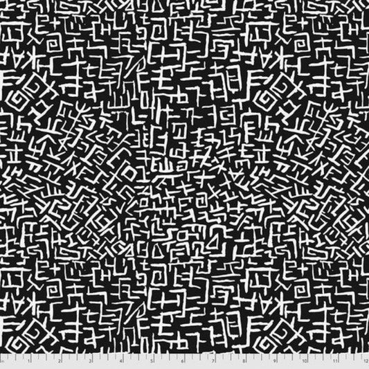 Funky texture created by white linear designs in white on black background, repeating the hidden KAFFE and FACET names tumbling over and under each other. 