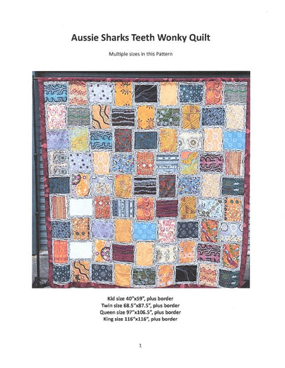  The Sharks Teeth fabric from the Kaffe Fasset Collective used with an assortment of Australian Aboriginal fabric prints by M&S Textiles Australia, using Dreamtime 10" Squares, Fat Quarters or fabric yardage you have in your stash (or buy here), results in an optical illusion, making the quilt blocks look wonky.