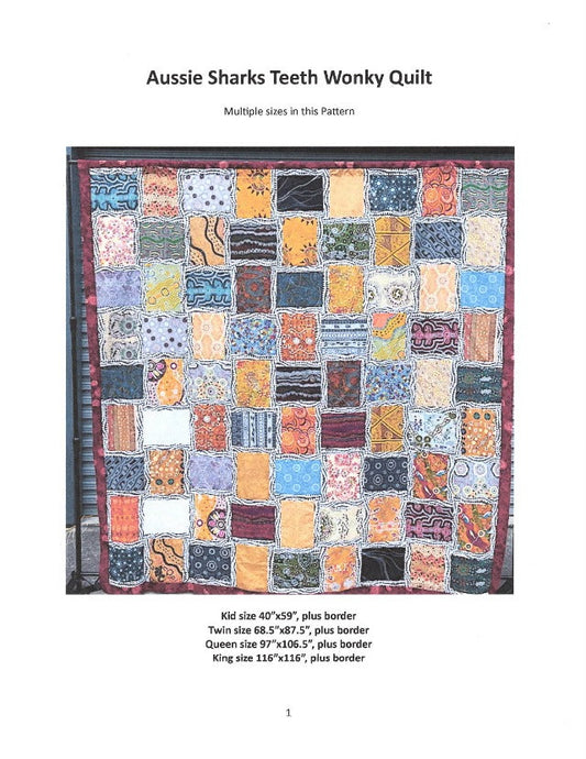  The Sharks Teeth fabric from the Kaffe Fasset Collective used with an assortment of Australian Aboriginal fabric prints by M&S Textiles Australia, using Dreamtime 10" Squares, Fat Quarters or fabric yardage you have in your stash (or buy here), results in an optical illusion, making the quilt blocks look wonky.