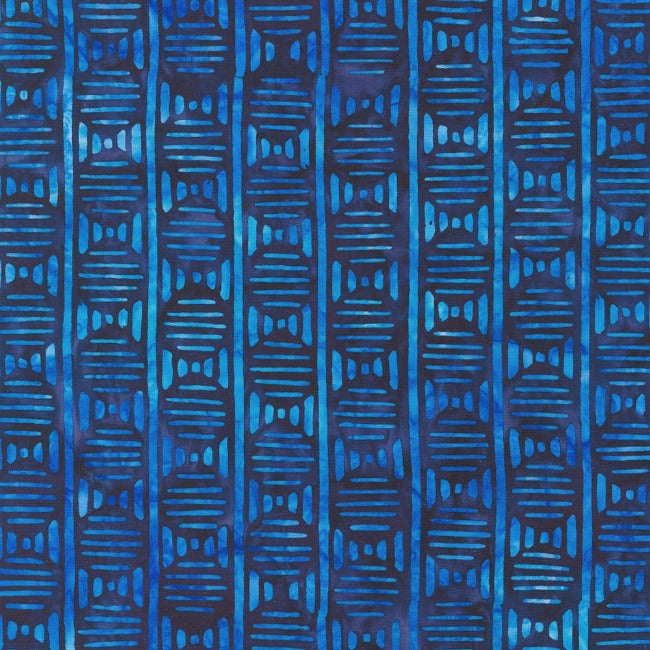 Bubble Blues Evening is a fine example of Indonesian Batik workmanship: bright blue stripes arranged in dark blue bubbles, the bubbles arranged in columns, separated by a bright blue stripe. 