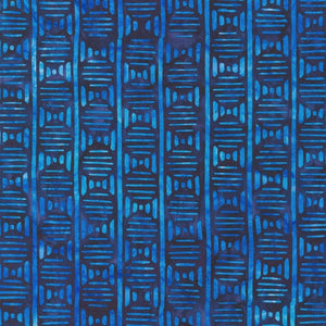 Bubble Blues Evening is a fine example of Indonesian Batik workmanship: bright blue stripes arranged in dark blue bubbles, the bubbles arranged in columns, separated by a bright blue stripe. 