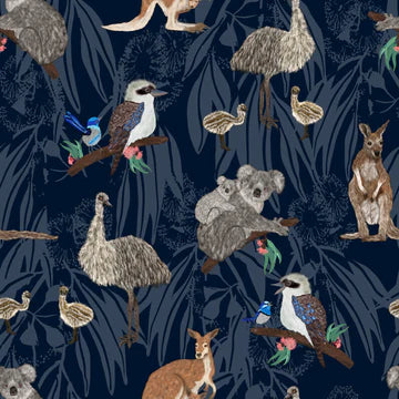 Realistic depictions of Kangaroos, Koalas, Emus and Kookaburras on a charcoal and dark gray background, with accents in blue, bush green and orange.