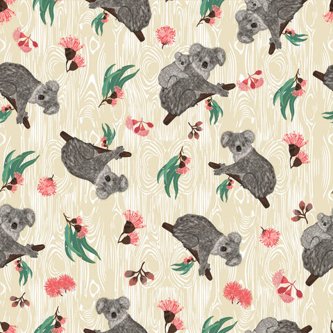 Koalas realistically depicted in dark and light grays on a cream and beige&nbsp; background, with accents in bush green and orange.