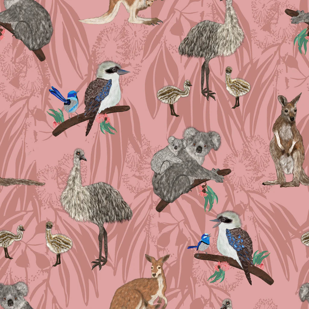 Realistic depictions of Kangaroos, Koalas, Emus and Kookaburras light and medium mauve background, with accents in blue, bush green and orange.