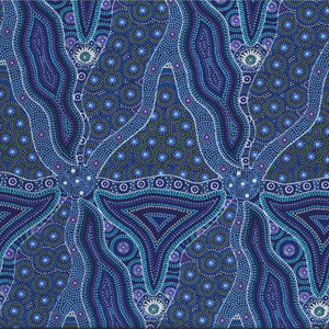 Bush Tomato and Waterhole blue Australian Aboriginal fabric by Cindy Wallace for M&S Textiles is an attractive large scale flowing design in vibrant shades of blues, purples, white and turquoise on a black background, with a smidge of olive thrown in for good measure.