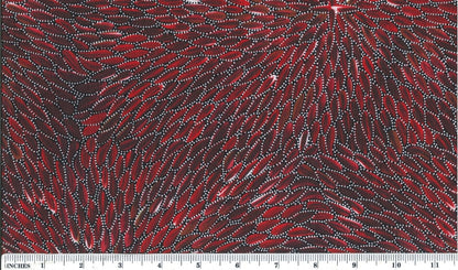  This 100% fine cotton fabric features delicate white dots arranged in leaf patterns against a rich red and burgundy background. 