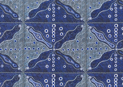 Bush Sweet Potato blue Australian fabric designed by Audrey Napanangka Martin is an attractive stylized blue, white and black design that will enrich you fabric palette.