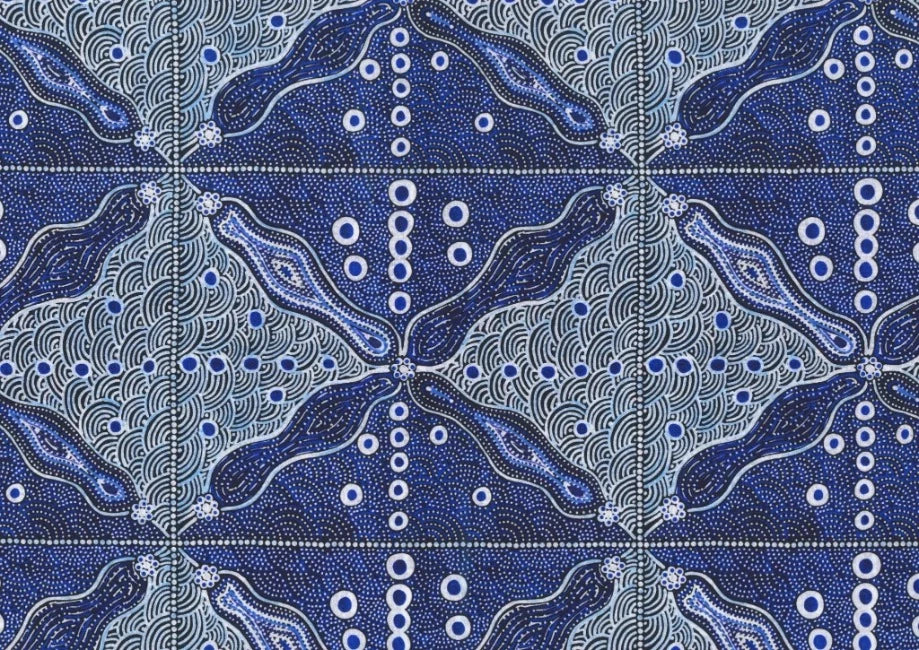 Bush Sweet Potato blue Australian fabric designed by Audrey Napanangka Martin is an attractive stylized blue, white and black design that will enrich you fabric palette.