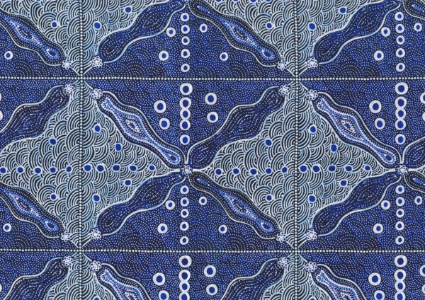 Bush Sweet Potato blue Australian fabric designed by Audrey Napanangka Martin is an attractive stylized blue, white and black design that will enrich you fabric palette.