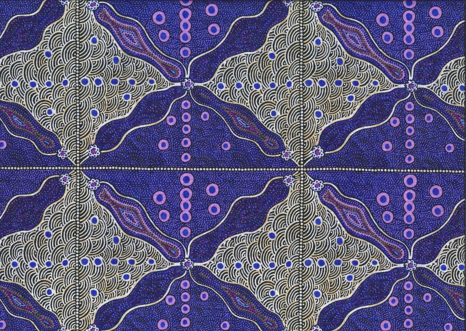 Bush Sweet Potato purple Australian fabric designed by Audrey Napanangka Martin is an attractive stylized purple, white and black design that will enrich you fabric palette. 