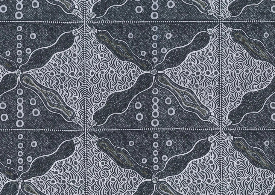 Bush Sweet Potato black Australian fabric designed by Audrey Napanangka Martin is an attractive stylized black, white and grey design that will enrich you fabric palette. 