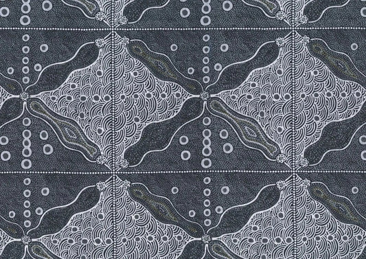Bush Sweet Potato black Australian fabric designed by Audrey Napanangka Martin is an attractive stylized black, white and grey design that will enrich you fabric palette. 