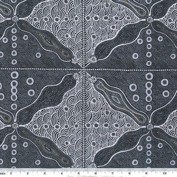 Bush Sweet Potato black Australian fabric designed by Audrey Napanangka Martin is an attractive stylized black, white and grey design that will enrich you fabric palette. 